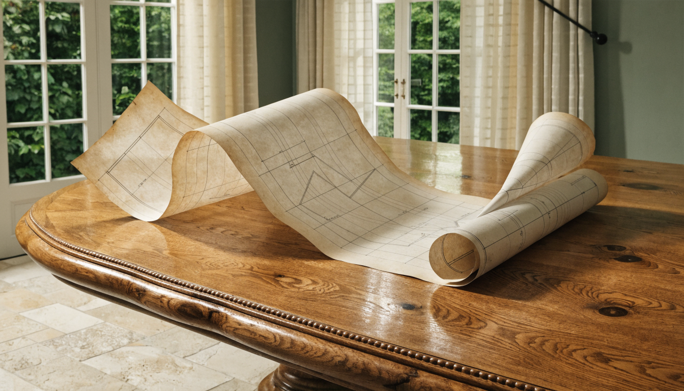 Residential site plan blueprint rolled out partially on a wooden table, representing the site-plan stage of a full home plan package.