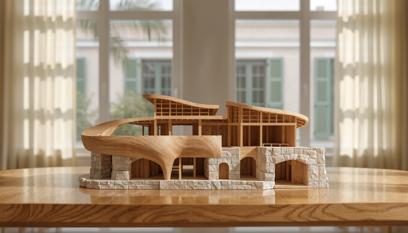 Small wooden architectural model of a family home on an architect's desk, used as a tactile check on an AI-generated floor plan.