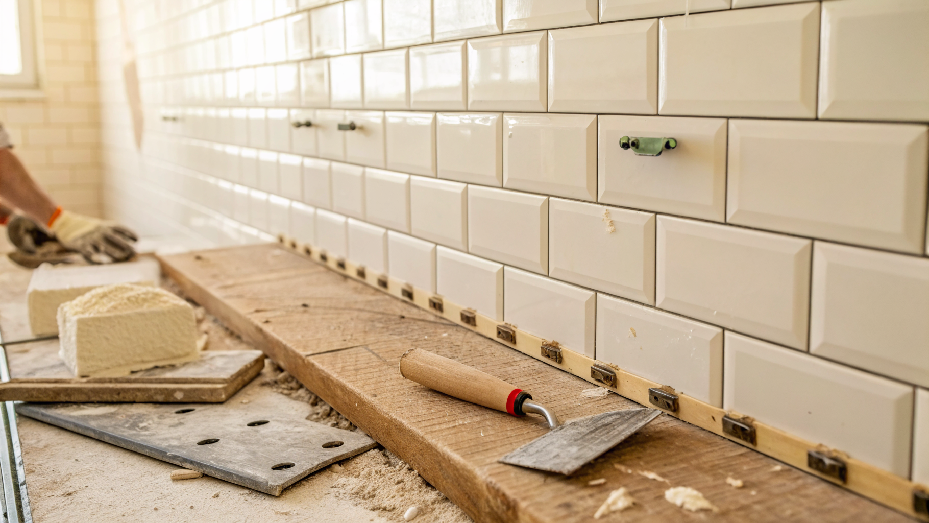 Bathroom tiling in progress with cream subway tiles halfway up the wall, spacers and a trowel resting on a wooden plank, representing the middle stage of a bathroom remodel.